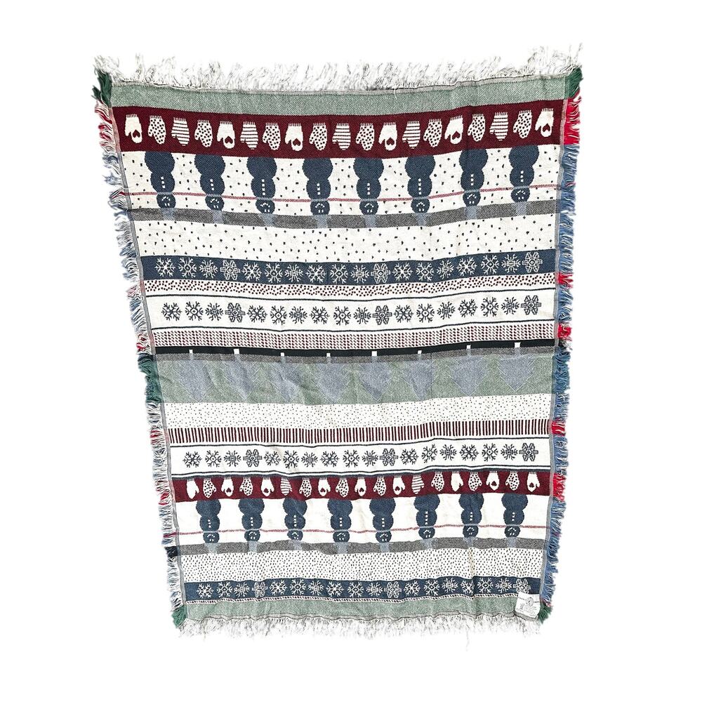 Crown Crafts Cotton USA Snowman Fair Isle Winter Theme Tapestry Blanket Fringe - Picture 3 of 8
